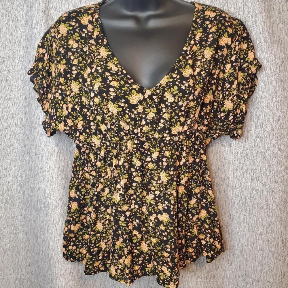 Sim & Sam Black Lg Babydoll Tunic Top‎ Pink Floral Flowers Vines Fairygrunge